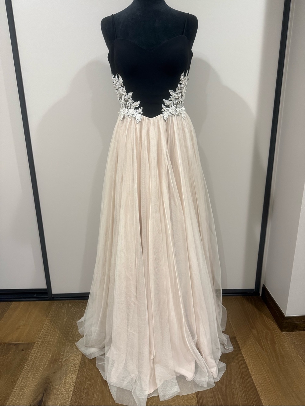 Blondie Nites Black Champagne Tulle Prom Gown Lace Appliqué